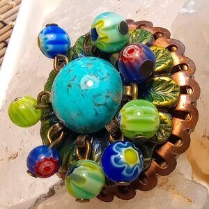 Ollie Pops USA Ring Sz 8+, AntiqueBronze with Art Glass Chachas & Faux Turquoise